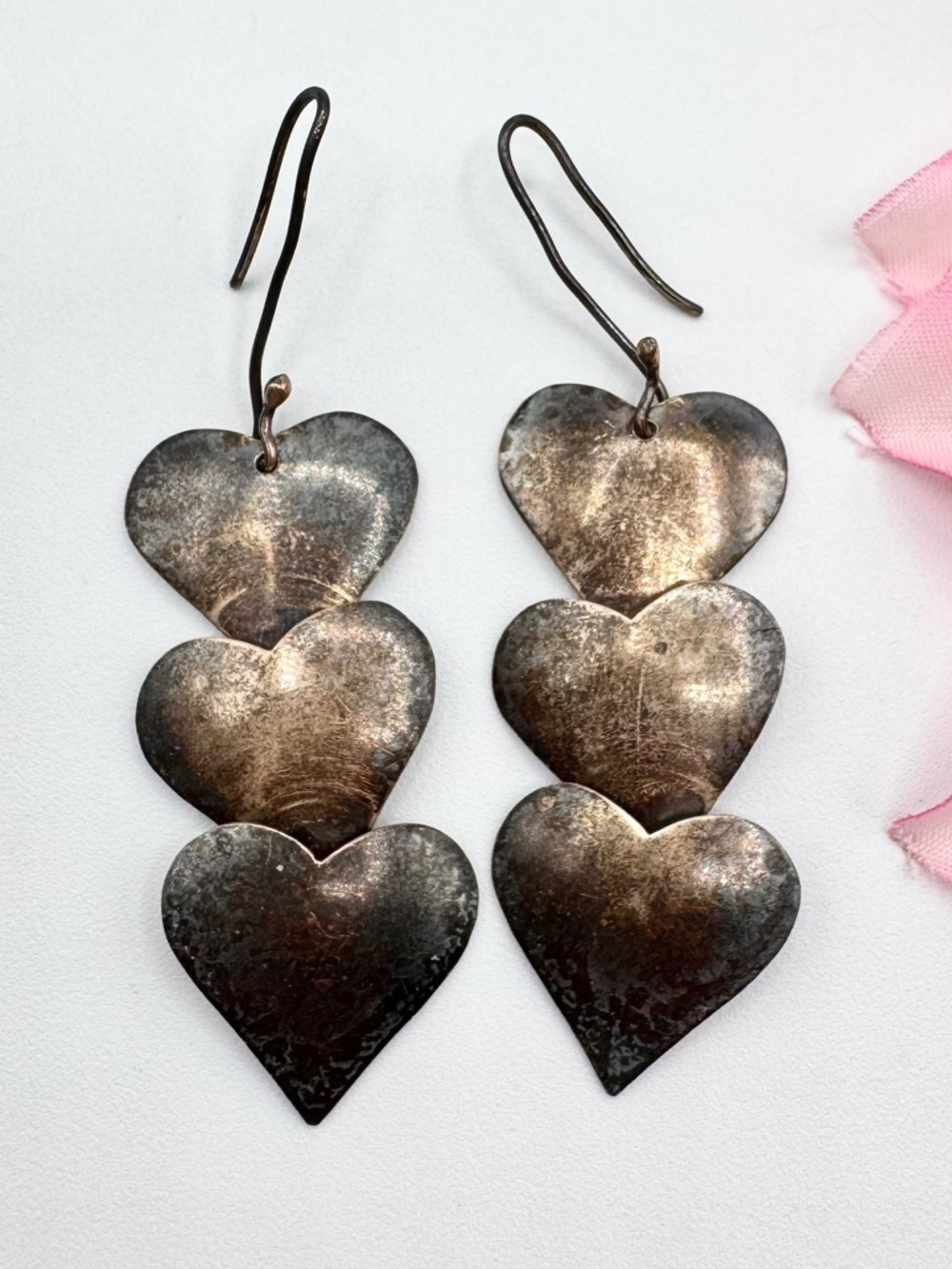 Vintage Mexico T5-01 925 Sterling Silver Three Heart Earrings Patina Wear Tested